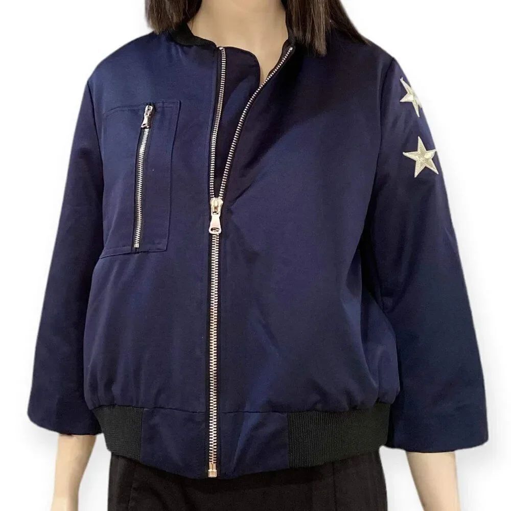 Navy Blue Embroidery Gold Stars Zip Up Bomber Jacket NEW